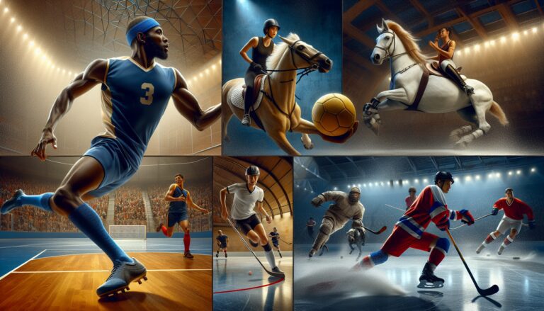 Sport en H : Athlètes divers en plein action - handball, équitation, hockey.