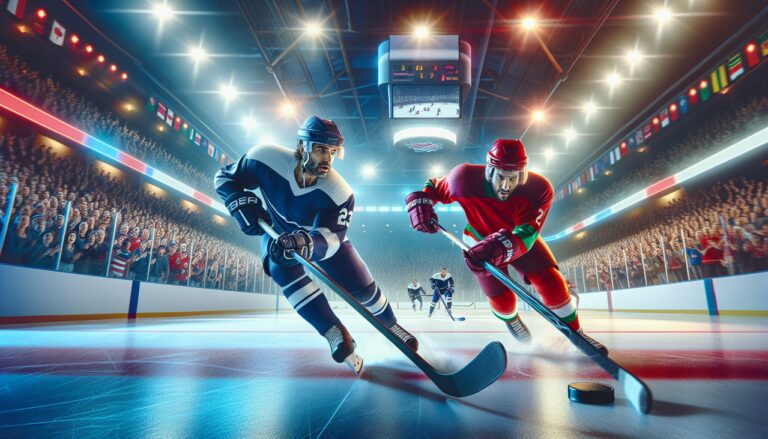 Affrontement intense de hockey sur glace entre joueurs habillés en bleu et rouge.