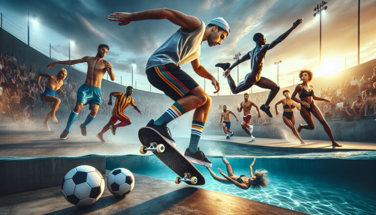 Sport en S : Skateboarder, footballeurs, nageuse prête à plonger dans une piscine bleue cristalline.
