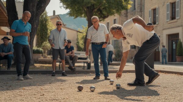 Scène réaliste d’un match de pétanque officiel dans un village du sud de la France, avec des joueurs concentrés et une atmosphère naturelle et authentique.