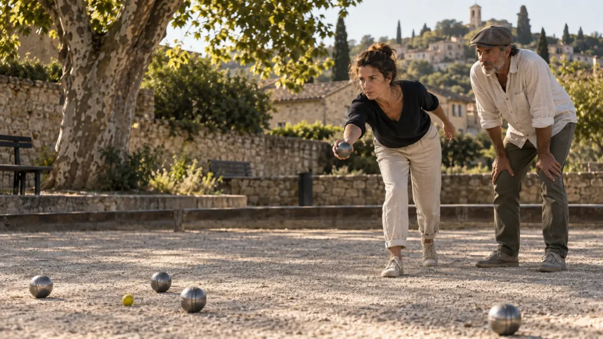Une joueuse de pétanque travaille son lancer avec un coach sur le terrain