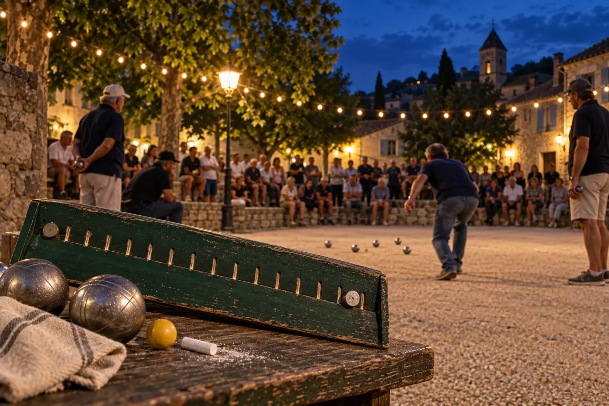 Une partie de pétanque en doublette se joue en soirée devant le public