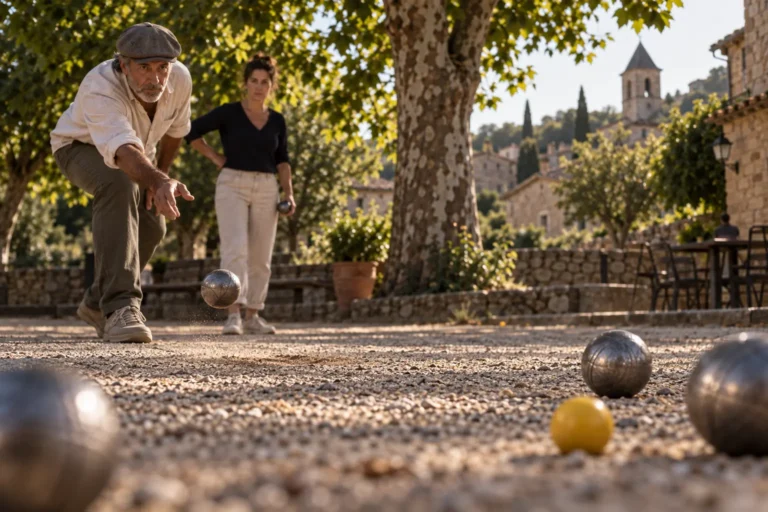 Un joueur de pétanque pointe bas sur un terrain de village