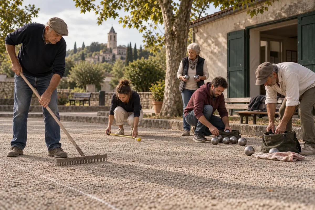 Joueuses et joueurs préparant un terrain de pétanque dans un village