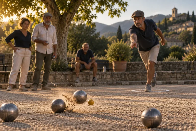 Un tireur de pétanque joue un tir au fer au moment de l’impact